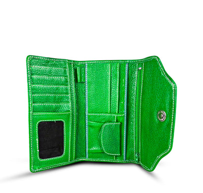 Leather long wallet 3 folds green