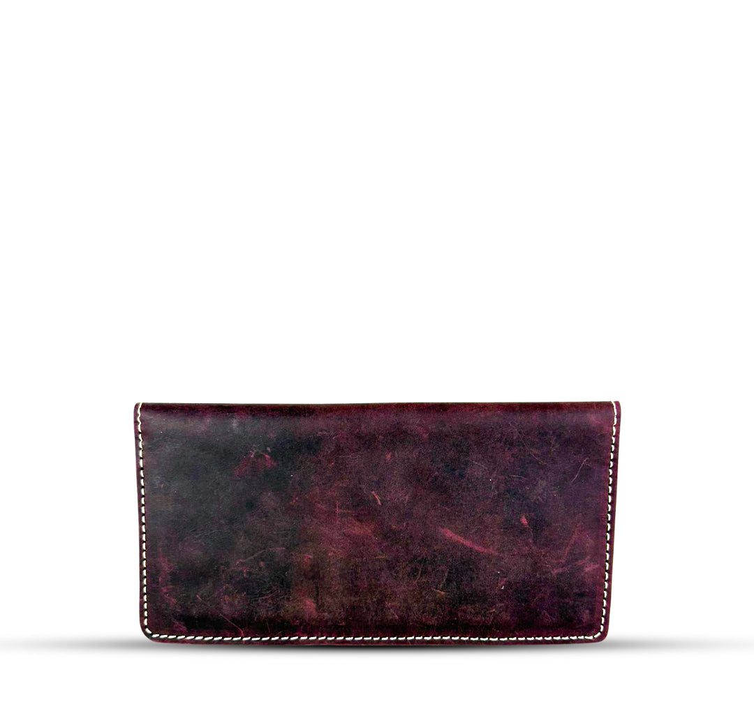 Leather Long Wallet With Contrast Stitch Maroon