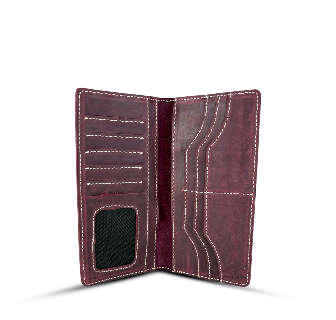 Leather Long Wallet With Contrast Stitch Maroon