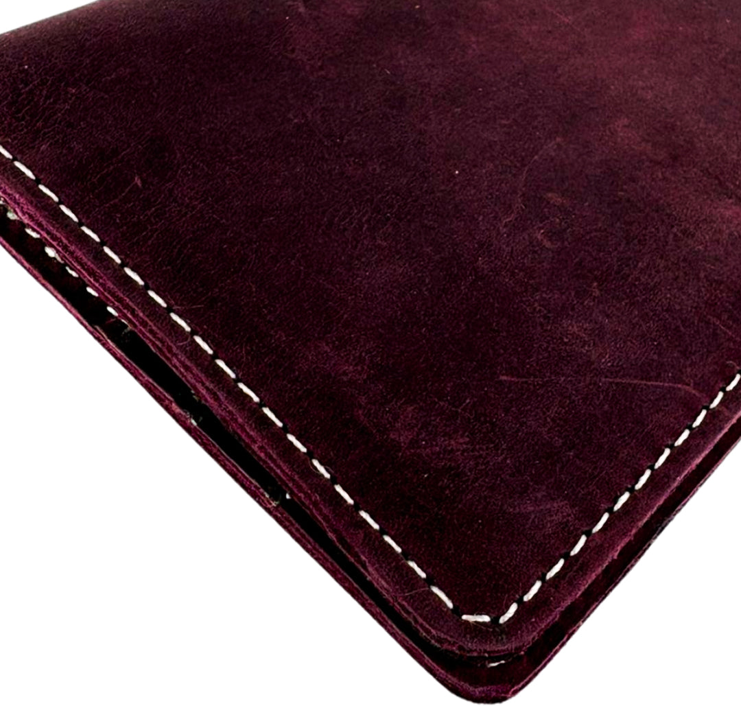Leather Long Wallet With Contrast Stitch Maroon