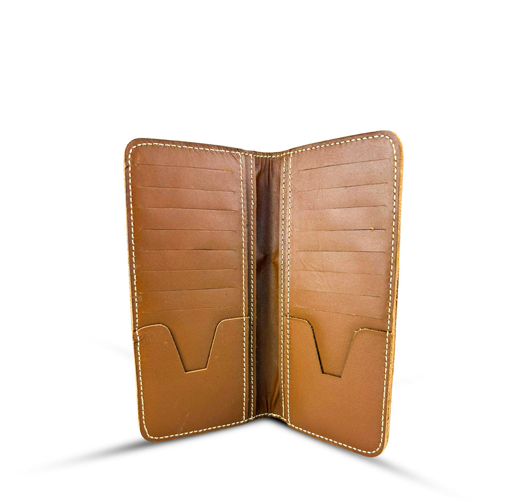 Leather Long Wallet With Contrast Stitch Camel