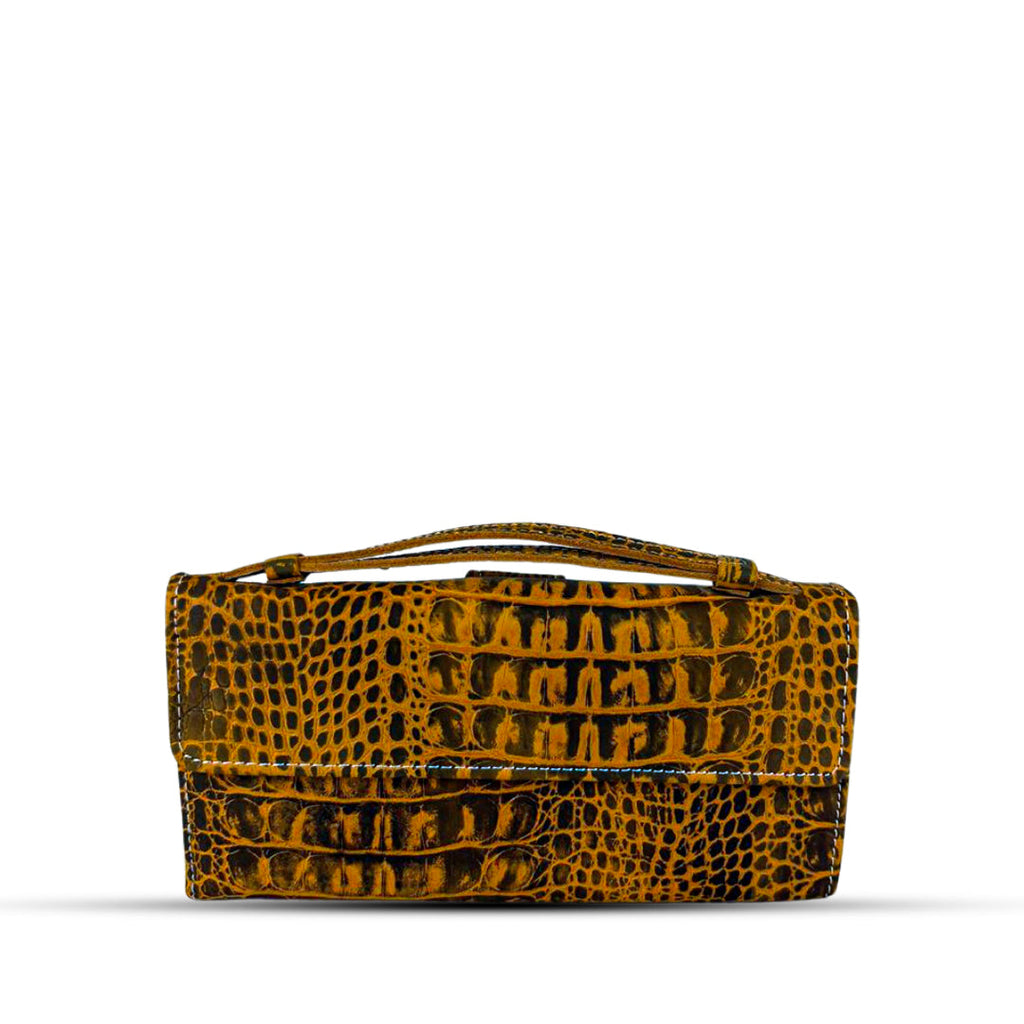 Leather Clutch With Moving Handle Crocodile Mustard women's wallet & clutch in mustard by Bag X