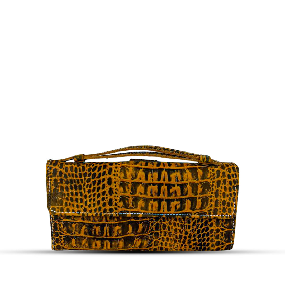 Leather Clutch With Moving Handle Crocodile Mustard women's wallet & clutch in mustard by Bag X