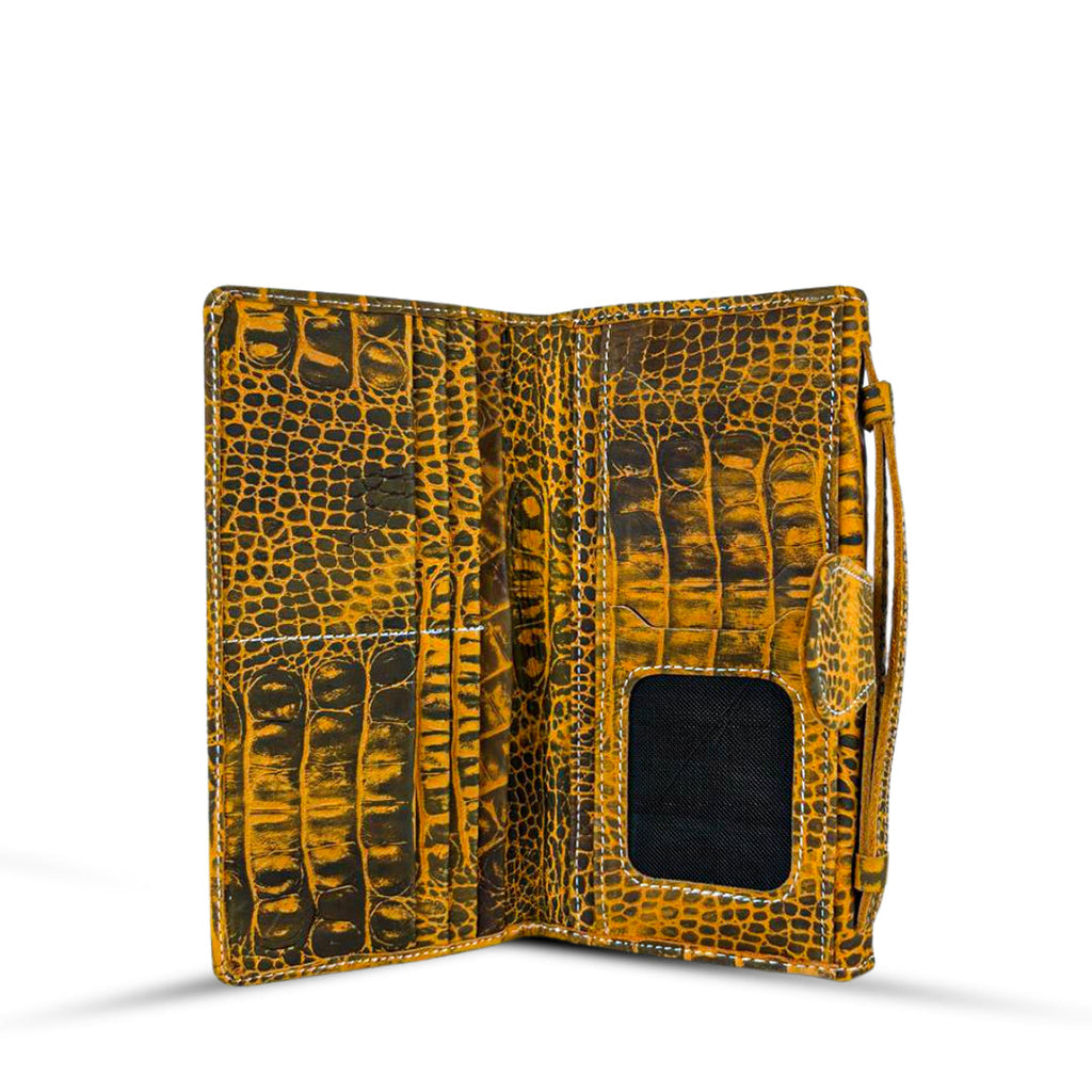 Leather Clutch With Moving Handle Crocodile Mustard women's wallet & clutch in mustard by Bag X