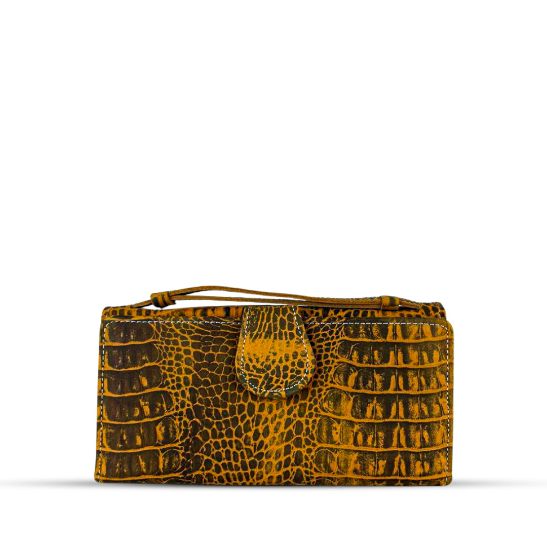 Leather Clutch With Moving Handle Crocodile Mustard women's wallet & clutch in mustard by Bag X
