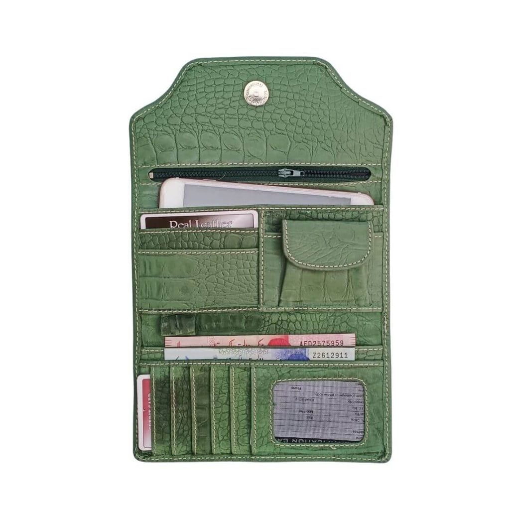 Leather long crocodile wallet 3 folds Green - Bag X