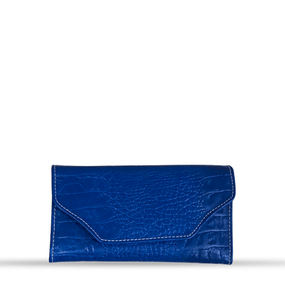 Leather long crocodile wallet 3 folds Blue