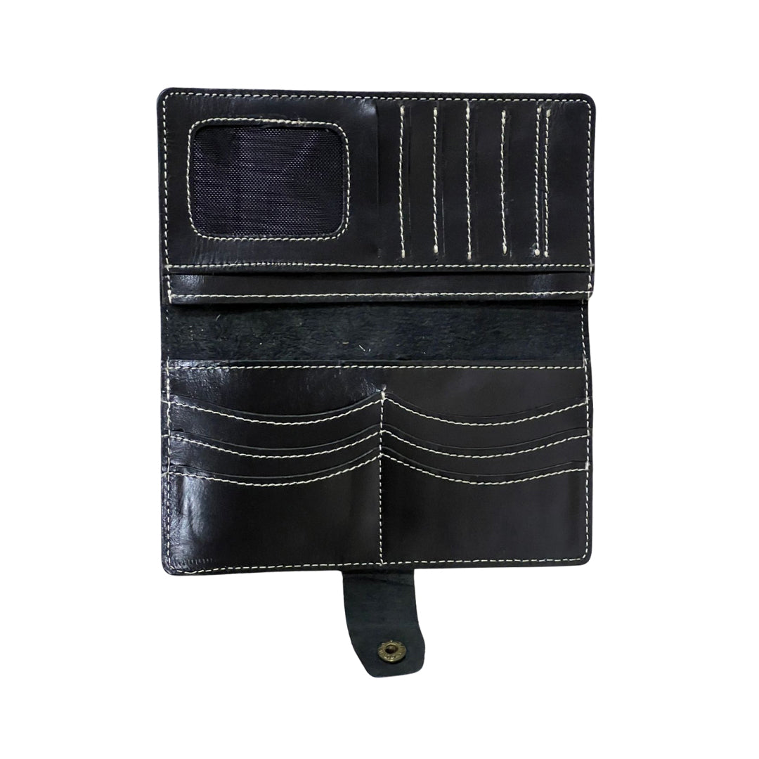 Long  Leather Wallet With Button Black