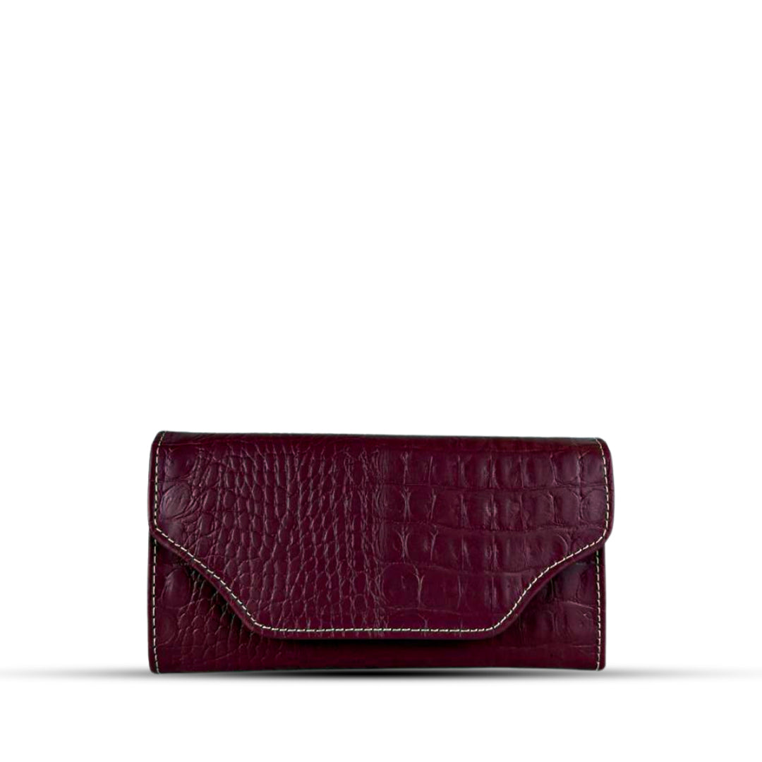 Leather long crocodile wallet 3 folds maroon