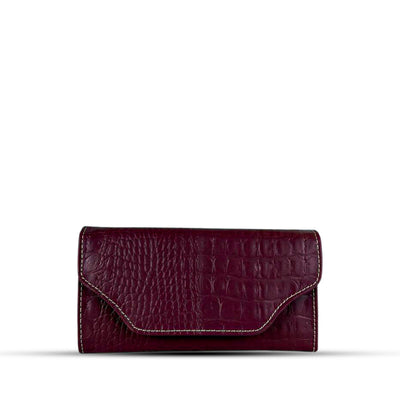 Leather long crocodile wallet 3 folds maroon