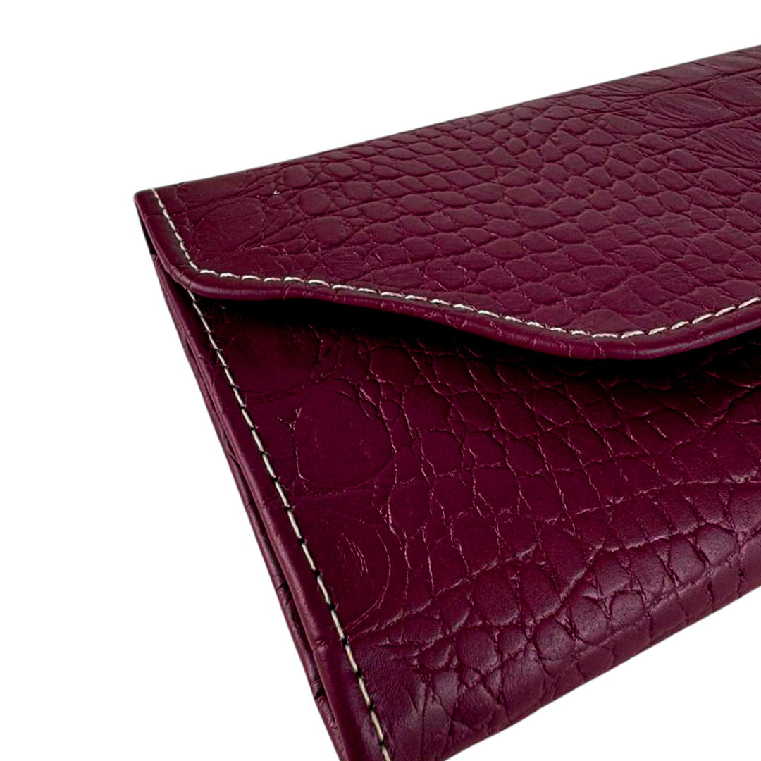 Leather long crocodile wallet 3 folds maroon