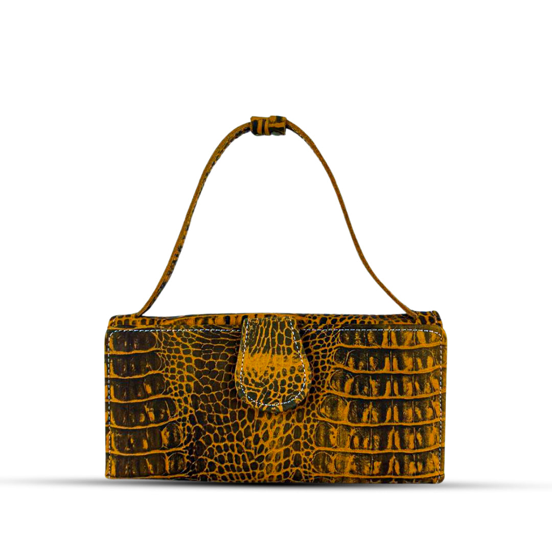 Leather Clutch With Moving Handle Crocodile Mustard women's wallet & clutch in mustard by Bag X