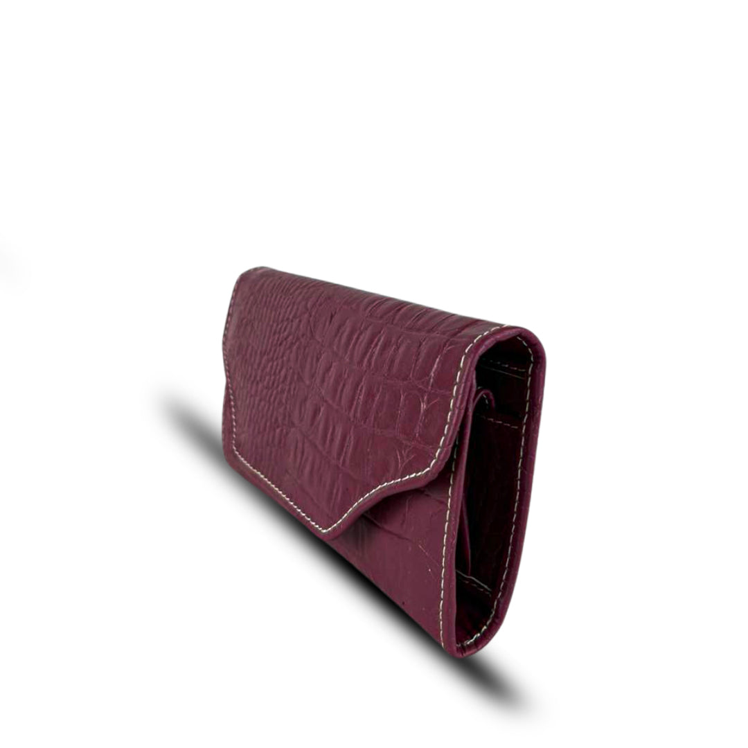Leather long crocodile wallet 3 folds maroon