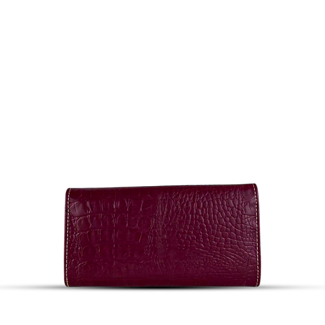 Leather long crocodile wallet 3 folds maroon
