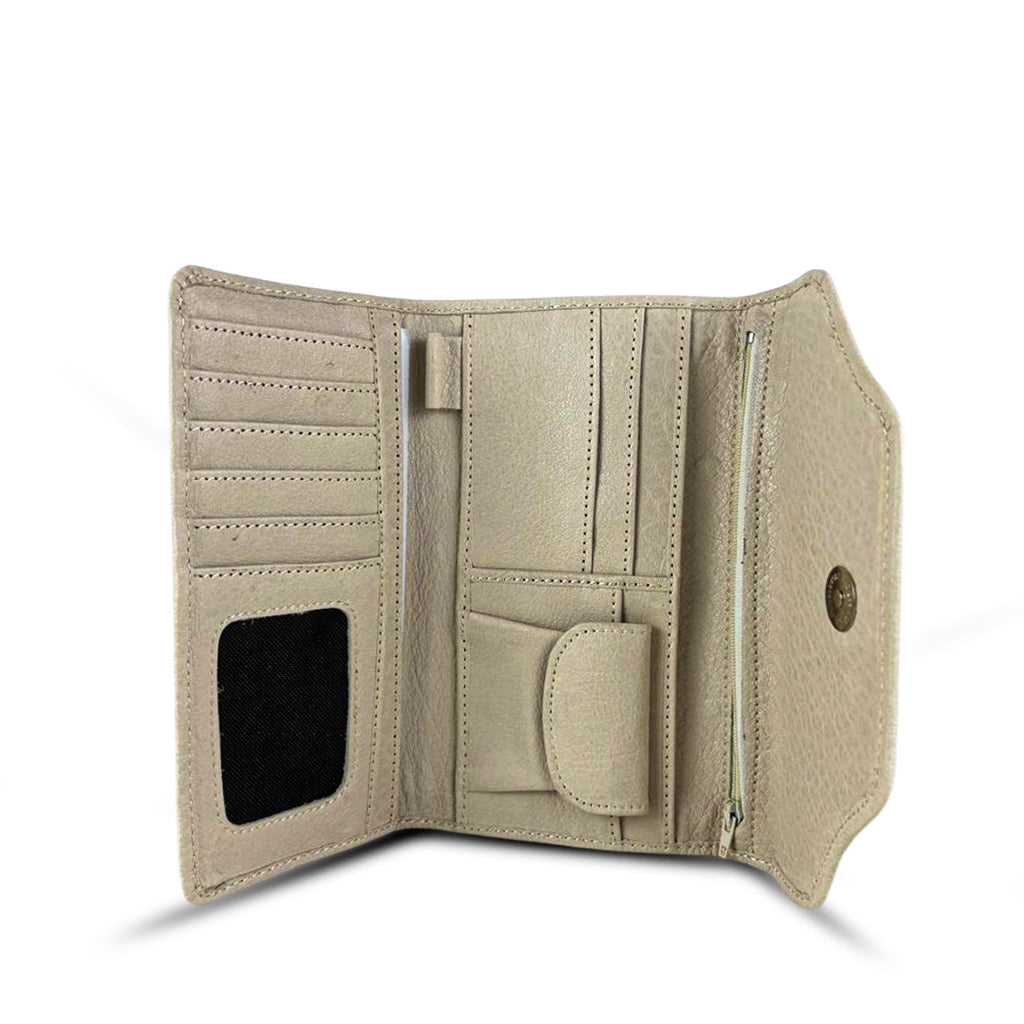 Leather long wallet 3 folds beige