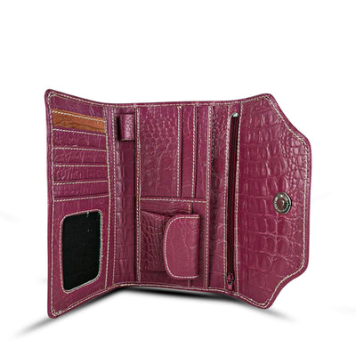 Leather long crocodile wallet 3 folds maroon
