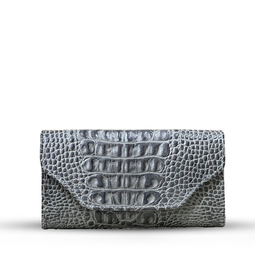 Leather long crocodile wallet 3 folds Grey
