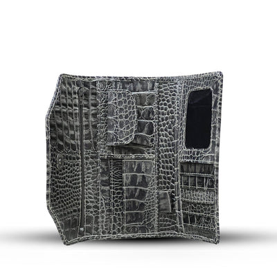 Leather long crocodile wallet 3 folds Grey
