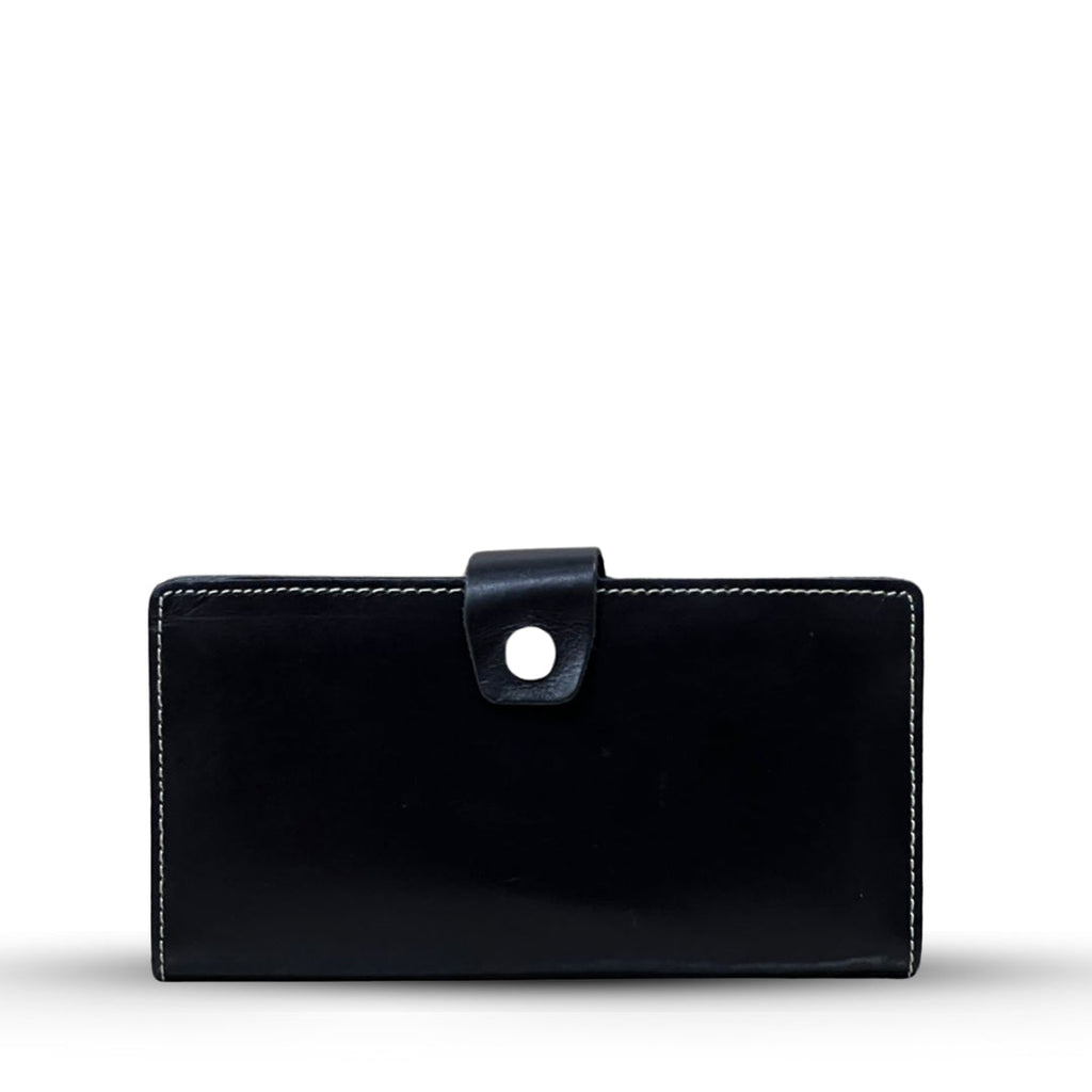 Long  Leather Wallet With Button Black