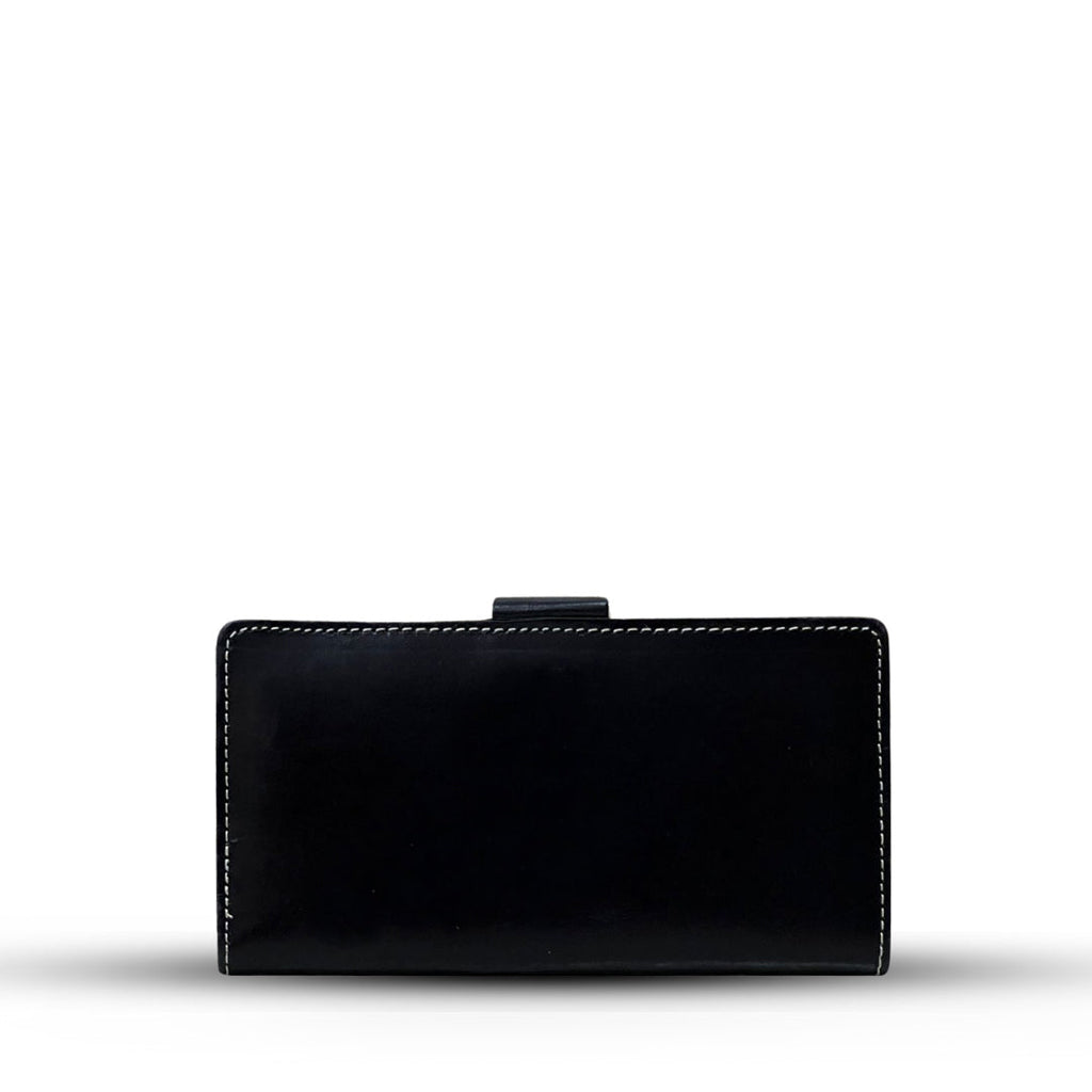 Long  Leather Wallet With Button Black