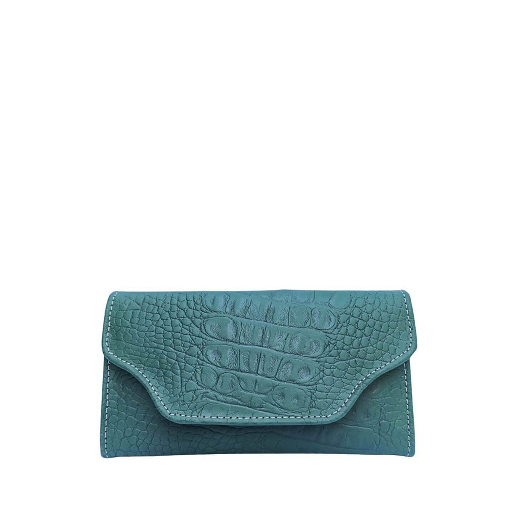 Leather long crocodile wallet 3 folds Green