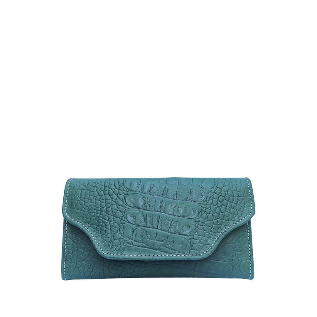Leather long crocodile wallet 3 folds Green